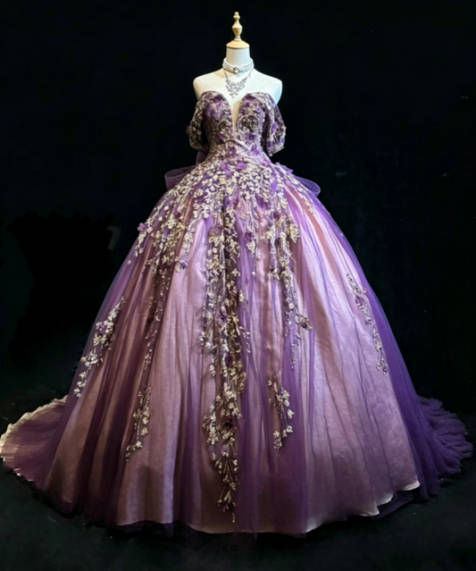 Magnifique robe de Quinceanera trapèze à épaules dénudées en tulle avec applique, longue robe de bal violette DP05651