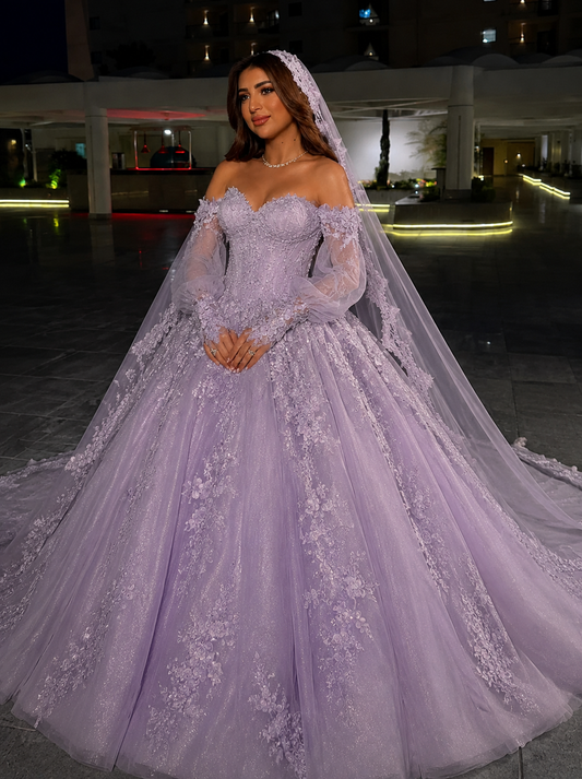 Elegant Off-shoulder A-Line Long Wedding Dress Tulle Sleeveless Bridal Dress Purple Bridal Gown DP05657