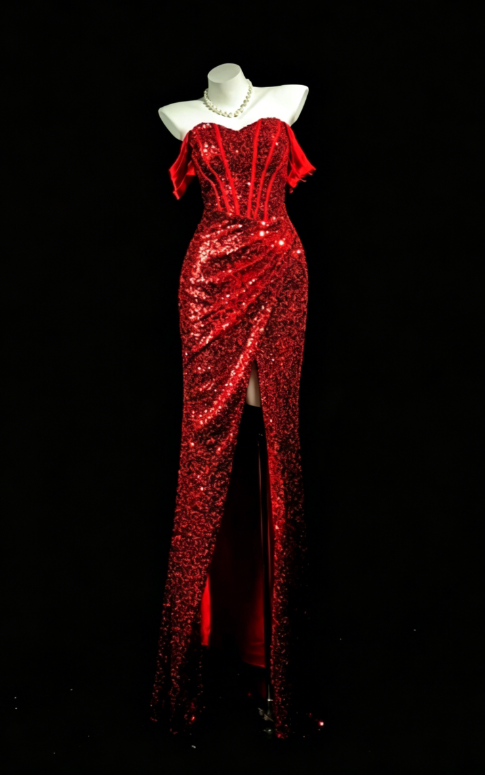 Wunderschönes schulterfreies, enganliegendes langes Abendkleid mit Pailletten, burgunderrotes Ballkleid DP05666