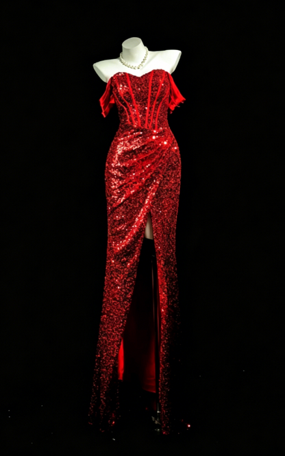 Wunderschönes schulterfreies, enganliegendes langes Abendkleid mit Pailletten, burgunderrotes Ballkleid DP05666