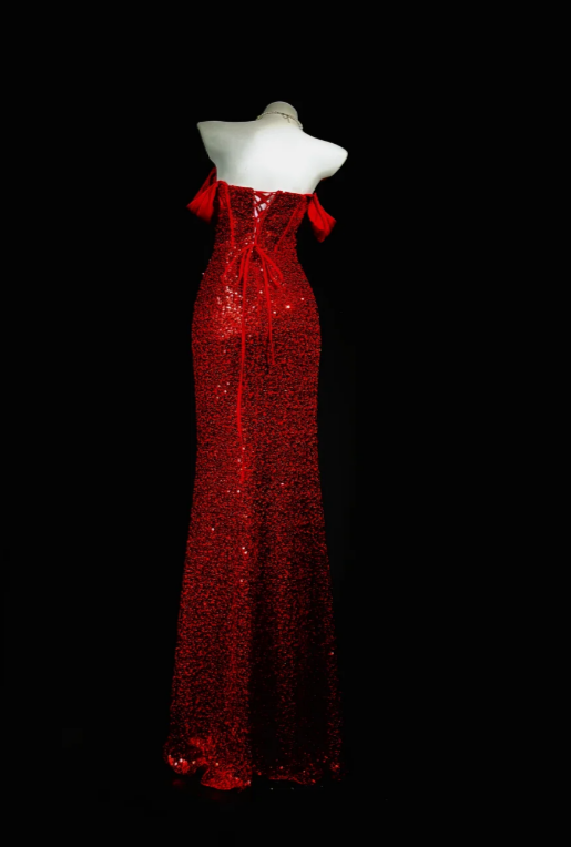 Wunderschönes schulterfreies, enganliegendes langes Abendkleid mit Pailletten, burgunderrotes Ballkleid DP05666
