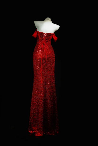 Wunderschönes schulterfreies, enganliegendes langes Abendkleid mit Pailletten, burgunderrotes Ballkleid DP05666