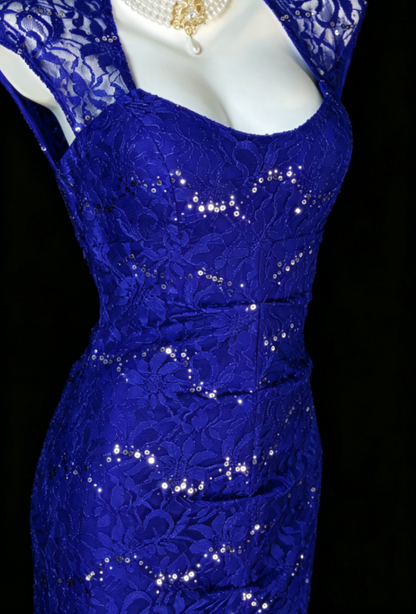 Wunderschönes, figurbetontes langes Abendkleid aus Spitze für Schatz, blaues Ballkleid DP05669