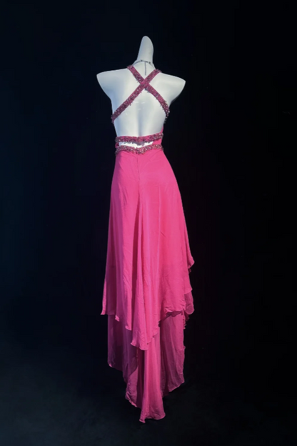 Robe de soirée longue en mousseline fourreau chic à col licou, robe de bal rose DP05670