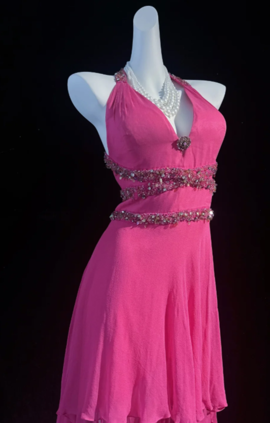 Robe de soirée longue en mousseline fourreau chic à col licou, robe de bal rose DP05670