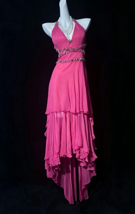 Robe de soirée longue en mousseline fourreau chic à col licou, robe de bal rose DP05670