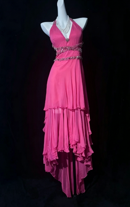 Robe de soirée longue en mousseline fourreau chic à col licou, robe de bal rose DP05670