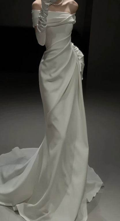 Timeless Off-shoulder Sheath Wedding Dress Satin Bridal Dress White Bridal Gown DP05671