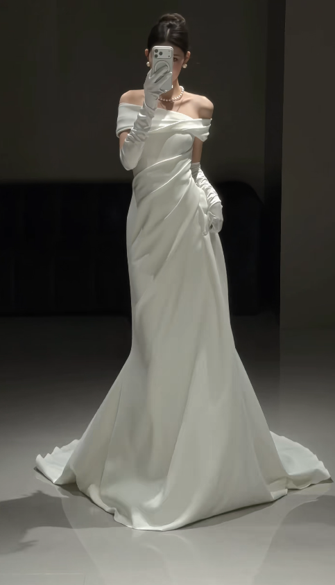 Timeless Off-shoulder Sheath Wedding Dress Satin Bridal Dress White Bridal Gown DP05671