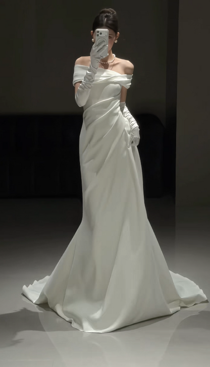 Timeless Off-shoulder Sheath Wedding Dress Satin Bridal Dress White Bridal Gown DP05671