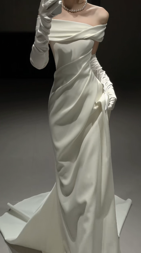 Timeless Off-shoulder Sheath Wedding Dress Satin Bridal Dress White Bridal Gown DP05671