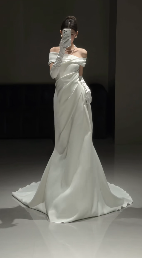 Timeless Off-shoulder Sheath Wedding Dress Satin Bridal Dress White Bridal Gown DP05671