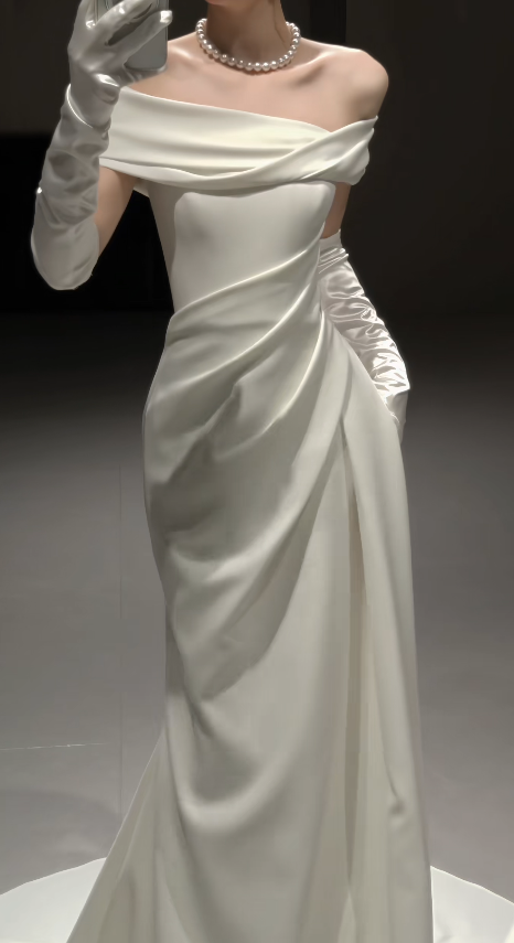 Timeless Off-shoulder Sheath Wedding Dress Satin Bridal Dress White Bridal Gown DP05671