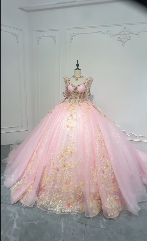 Magnifique robe de bal de Quinceañera en tulle avec appliqués, longue robe d'anniversaire rose, robe de bal de promo Sweet 16 DP05673