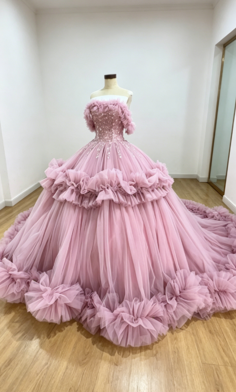 Wunderschönes schulterfreies Ballkleid Quinceanera Kleid Tüll Applikationen Langes Geburtstags-Kleid Pink Sweet 16 Kleid DP05675