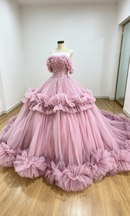 Wunderschönes schulterfreies Ballkleid Quinceanera Kleid Tüll Applikationen Langes Geburtstags-Kleid Pink Sweet 16 Kleid DP05675