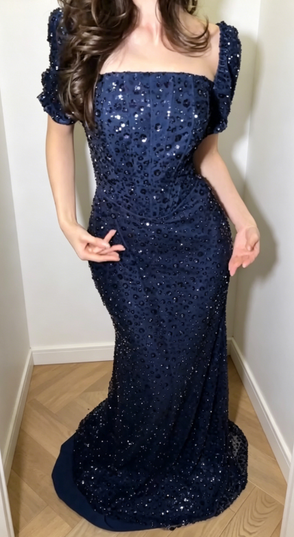 Simple Square Neck Sheath Satin Long Evening Dress Navy Blue Prom Dress DP05687
