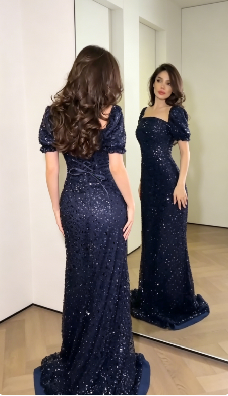 Simple Square Neck Sheath Satin Long Evening Dress Navy Blue Prom Dress DP05687
