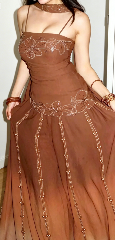 Robe de soirée longue en mousseline perlée coupe droite à fines bretelles spaghetti, couleur marron, robe de bal DP05688
