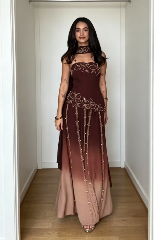 Robe de soirée longue en mousseline perlée coupe droite à fines bretelles spaghetti, couleur marron, robe de bal DP05688
