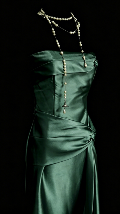 Simple Robe Longue de Soirée Fourreau sans Bretelles en Satin Vert Robe de Bal DP05689