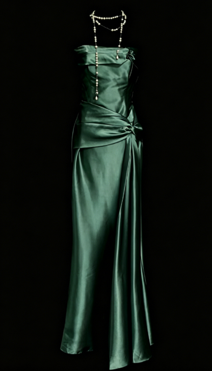 Simple Robe Longue de Soirée Fourreau sans Bretelles en Satin Vert Robe de Bal DP05689