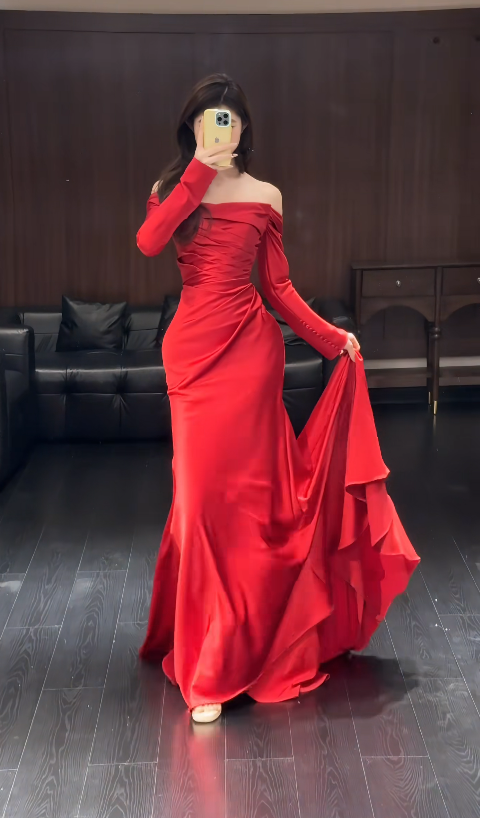 Robe de bal élégante bordeaux, fourreau, épaules dénudées, en satin, longue, pour soirée, DP05696