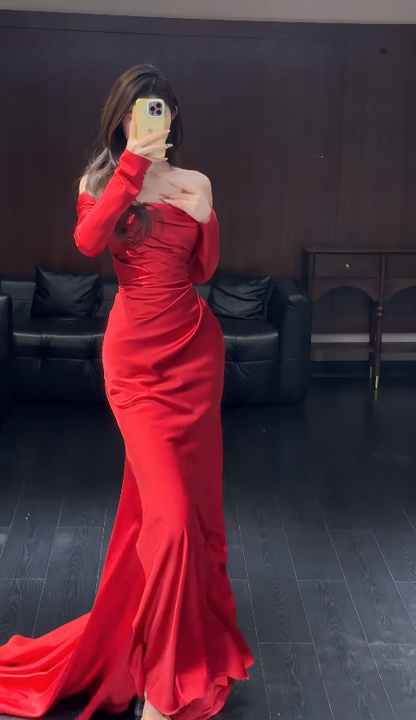 Robe de bal élégante bordeaux, fourreau, épaules dénudées, en satin, longue, pour soirée, DP05696