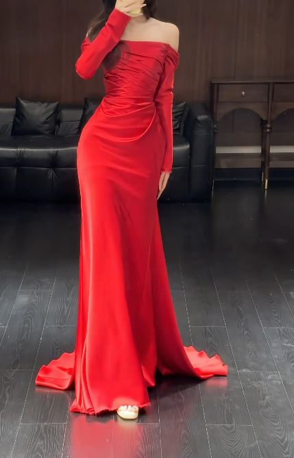 Elegant Burgundy Prom Dress Off-shoulder Sheath Satin Long Evening Dress DP05696
