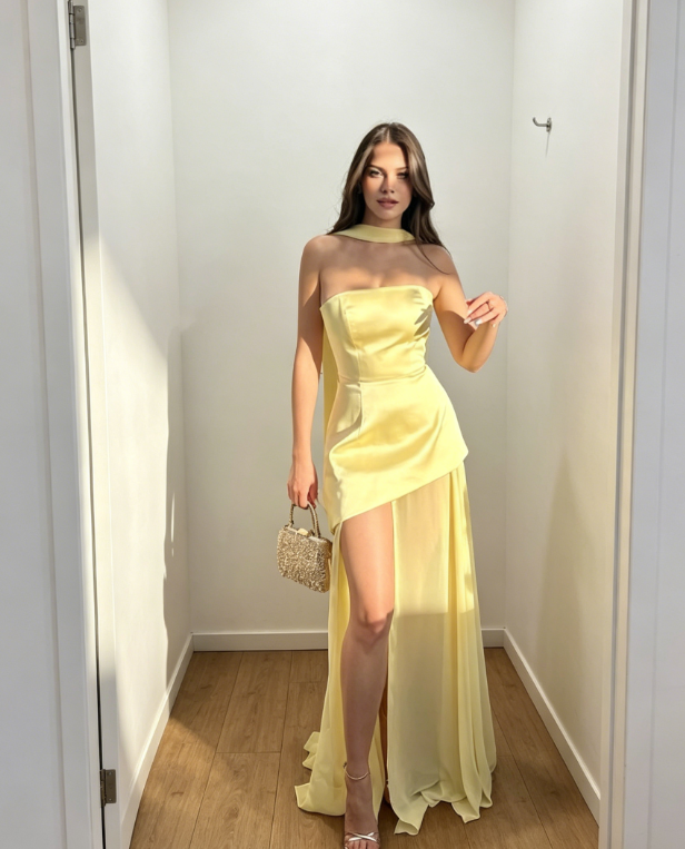 Sexy Yellow Short Birthday Dress Sheath Satin Party Dress Strapless Graduation Dress DP05701