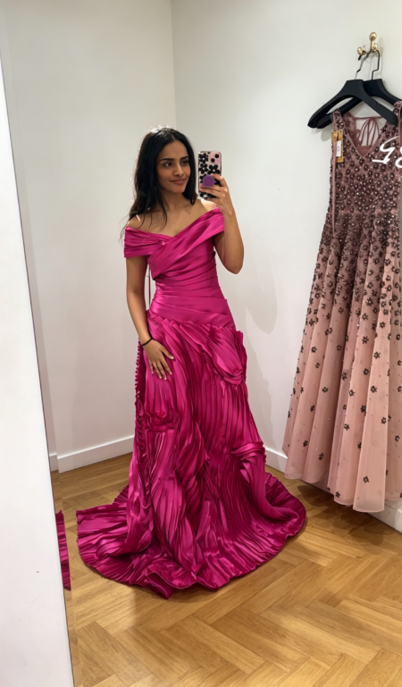 Chic Hot Pink Birthday Dress Sheath Satin Prom Dress Strapless Long Evening Dress DP05702