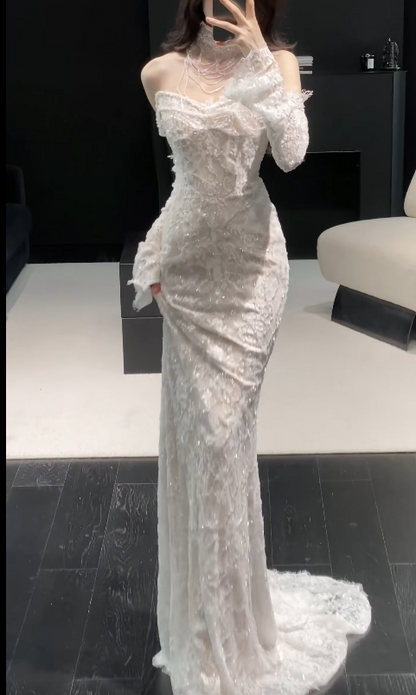 Modest Sweetheart Sheath Wedding Dress Lace Bridal Gown  White Bridal Dress DP05706