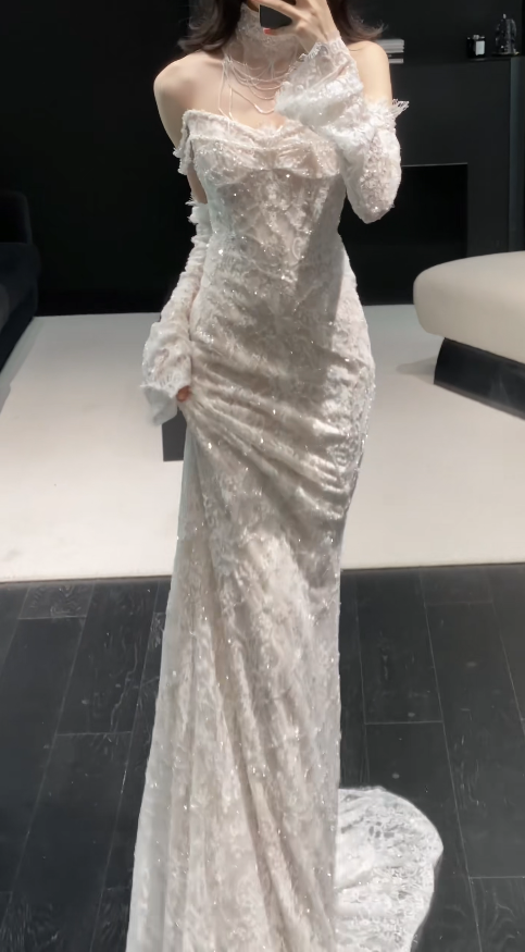 Modest Sweetheart Sheath Wedding Dress Lace Bridal Gown  White Bridal Dress DP05706