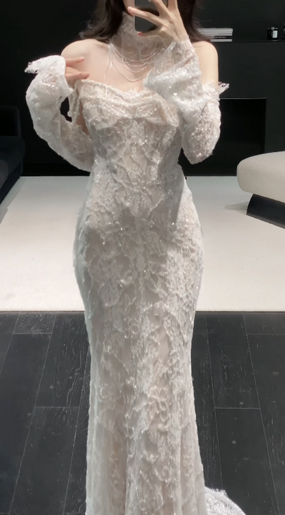 Modest Sweetheart Sheath Wedding Dress Lace Bridal Gown  White Bridal Dress DP05706