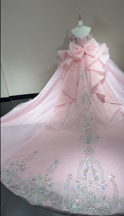 Magnifique robe de bal Quinceañera à épaules dénudées en tulle perlé rose pour les 16 ans DP05708