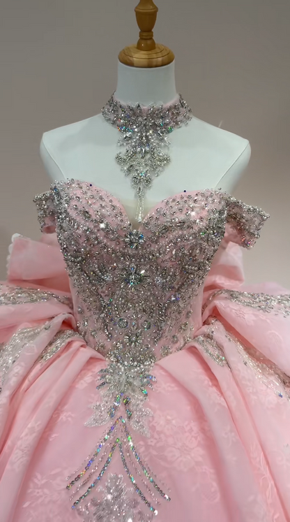 Magnifique robe de bal Quinceañera à épaules dénudées en tulle perlé rose pour les 16 ans DP05708