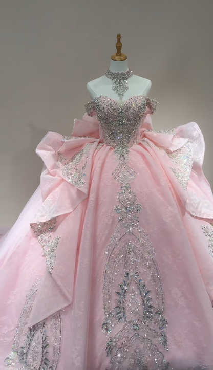 Magnifique robe de bal Quinceañera à épaules dénudées en tulle perlé rose pour les 16 ans DP05708