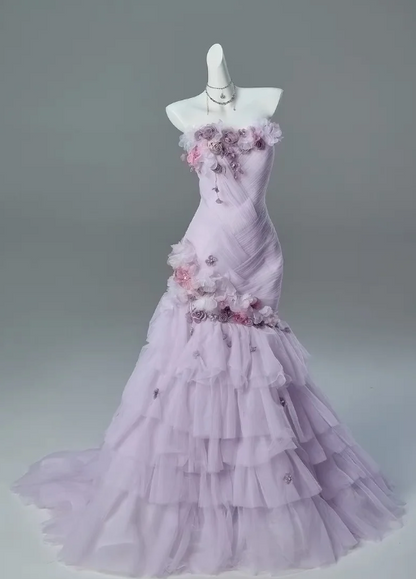 Wunderschönes trägerloses Etui-Quinceanera-Kleid aus Tüll mit Applikationen, lila Sweet 16 Kleid DP05709