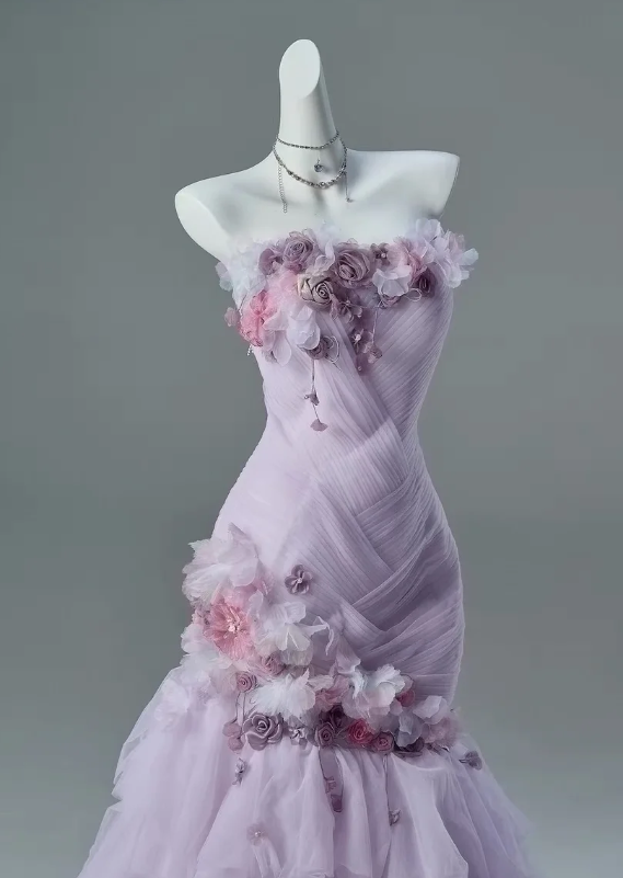 Wunderschönes trägerloses Etui-Quinceanera-Kleid aus Tüll mit Applikationen, lila Sweet 16 Kleid DP05709