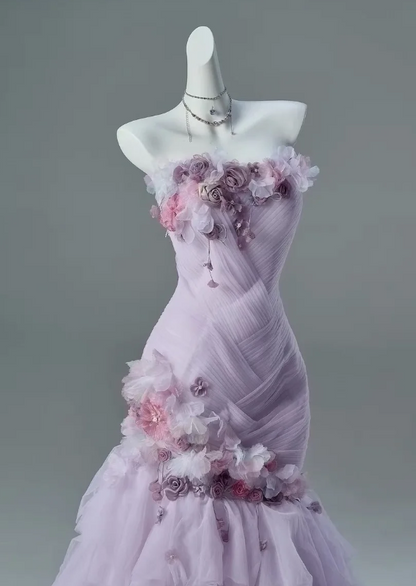 Wunderschönes trägerloses Etui-Quinceanera-Kleid aus Tüll mit Applikationen, lila Sweet 16 Kleid DP05709