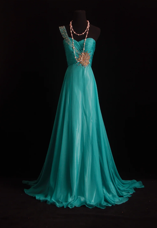 Elegant One-shoulder Sheath Chiffon Long Evening Dress Teal Prom Dress DP05710