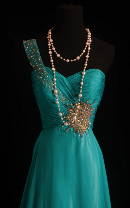 Elegant One-shoulder Sheath Chiffon Long Evening Dress Teal Prom Dress DP05710