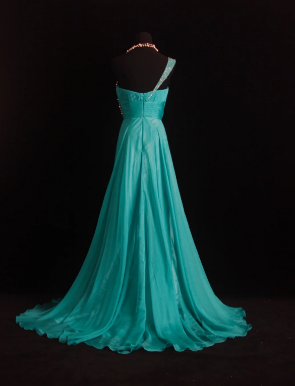 Elegant One-shoulder Sheath Chiffon Long Evening Dress Teal Prom Dress DP05710
