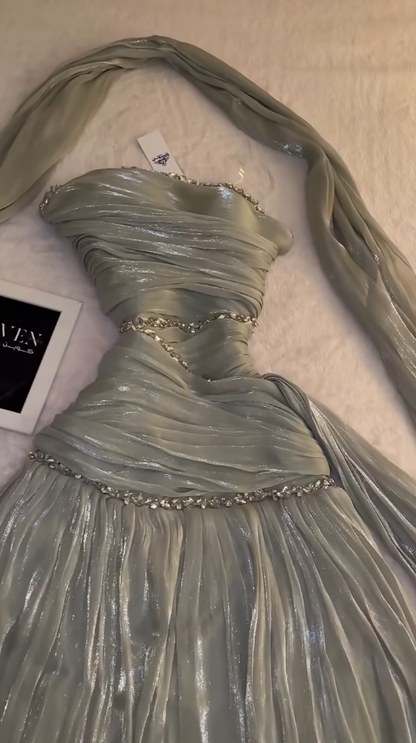 Elegant Green Wedding Guest Dress Strapless A-Line Chiffon Long Evening Dress  DP05714