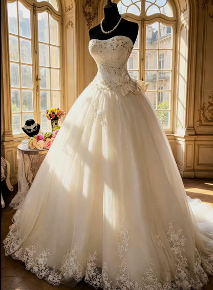 Elegantes weißes Hochzeitskleid, herzförmiger Ausschnitt, A-Linie, Brautkleid mit Applikationen, Tüll, Brautkleid DP05717