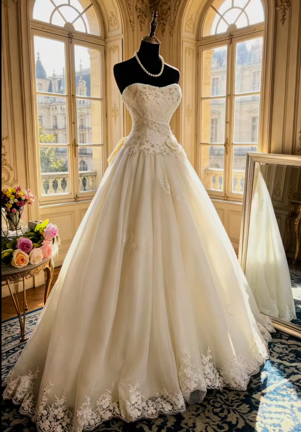 Elegantes weißes Hochzeitskleid, herzförmiger Ausschnitt, A-Linie, Brautkleid mit Applikationen, Tüll, Brautkleid DP05717