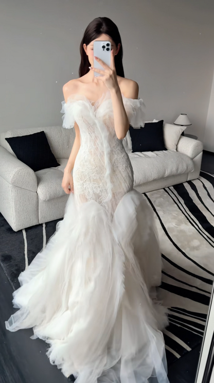 Timeless White Wedding Dress Off-shoulder Mermaid Bridal Gown Tulle Bridal Dress  DP05721