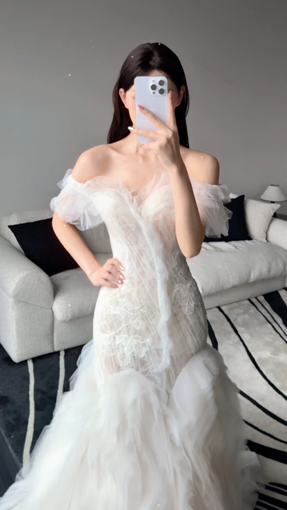 Timeless White Wedding Dress Off-shoulder Mermaid Bridal Gown Tulle Bridal Dress  DP05721
