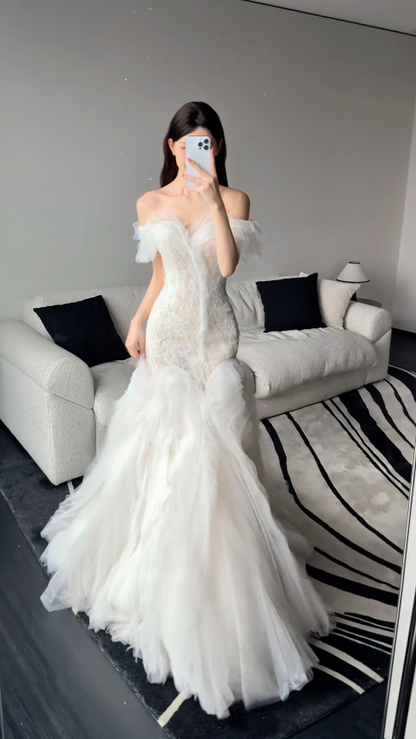 Timeless White Wedding Dress Off-shoulder Mermaid Bridal Gown Tulle Bridal Dress  DP05721
