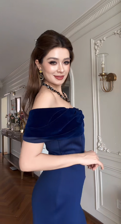 Simple Off-shoulder Mermaid Satin Long Evening Dress Navy Blue Prom Dress DP05724